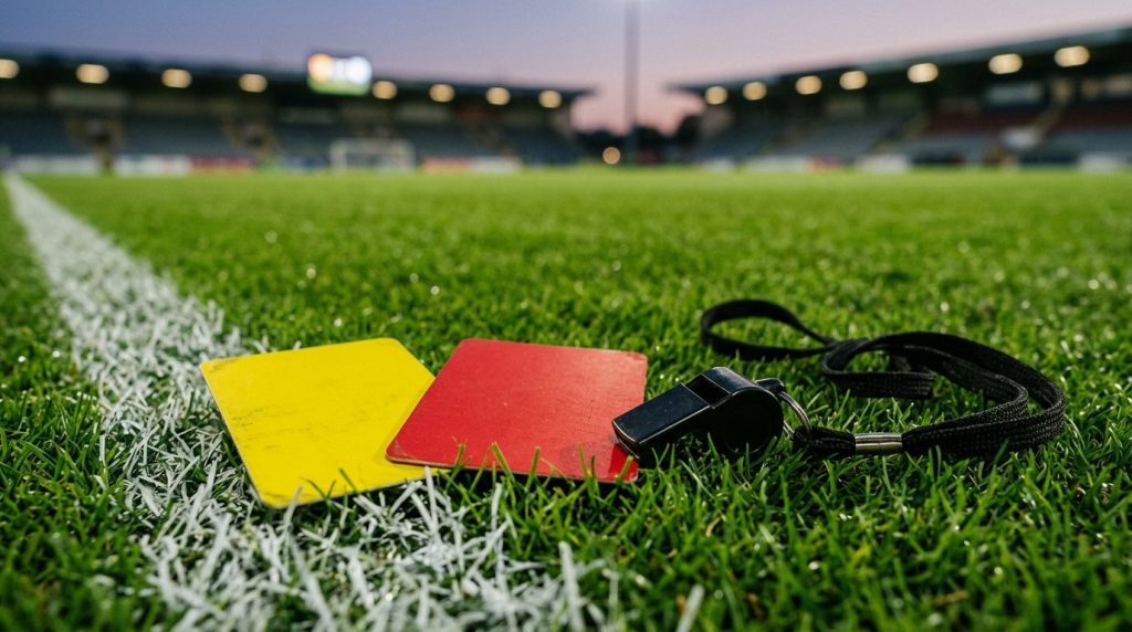 A yellow card, a red card and a referee whistle on the grass
