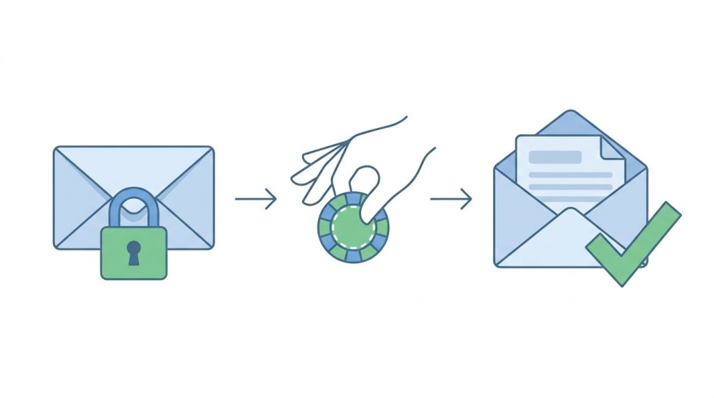 Commit, bet, reveal: a sealed envelope, a chip being placed, and the opened envelope checked