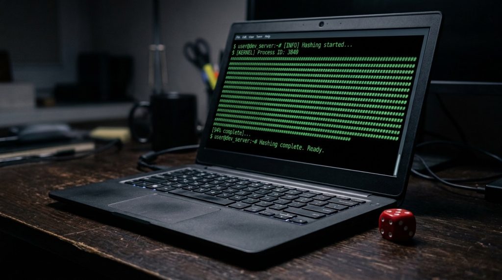 A laptop terminal showing hash output next to a die, checking a round yourself
