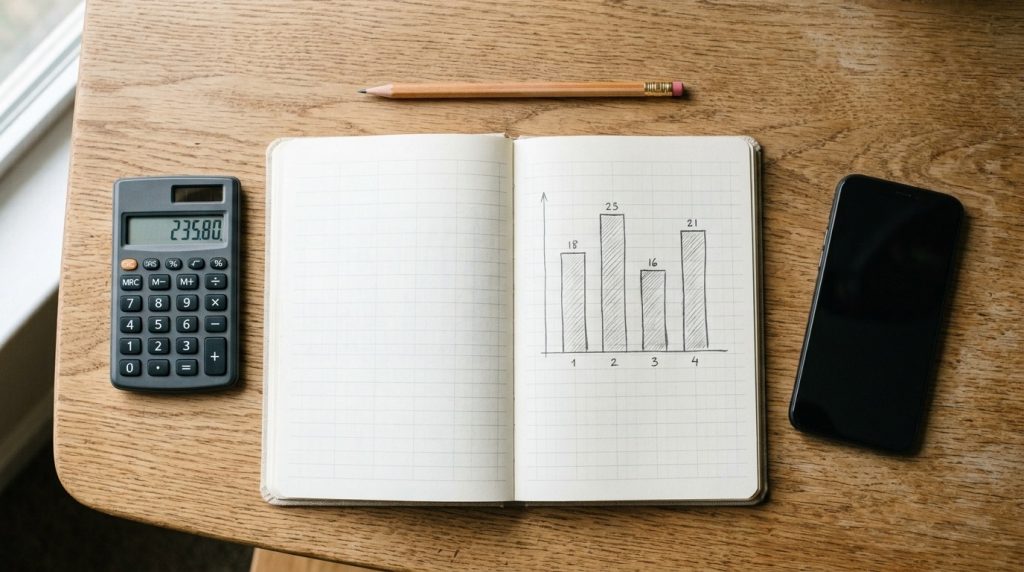 A calculator and a notebook with a bar chart comparing four values