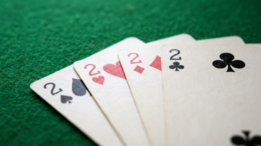 The four twos fanned on a green table: the highest cards in sam loc, with the two of spades on top