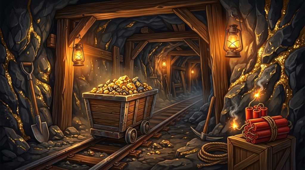 Fire in the Hole slot illustration: a mine shaft with dynamite, a mine cart and gold