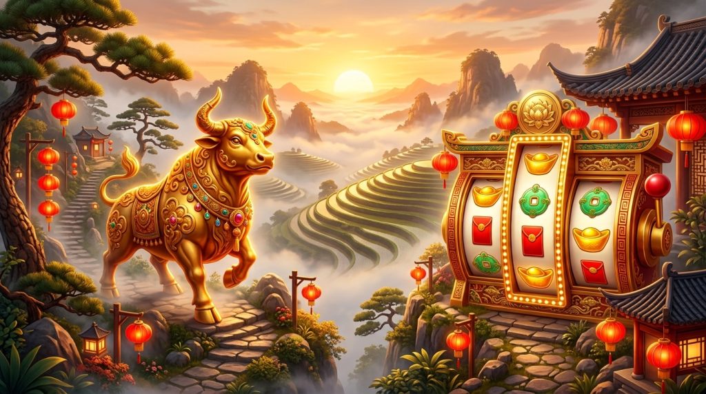 Golden ox slot illustration: a golden ox on a mountain path at sunrise beside a 3-reel slot with a taller middle reel