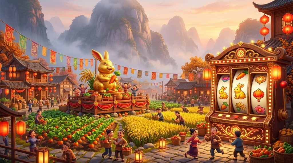 Golden rabbit slot illustration: a village festival by carrot fields with a golden rabbit statue and a 3-reel slot