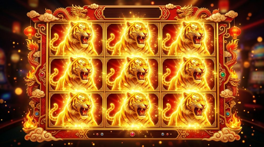 A 3x3 grid filled with golden tiger symbols: when every symbol is part of a win, the win is multiplied x10