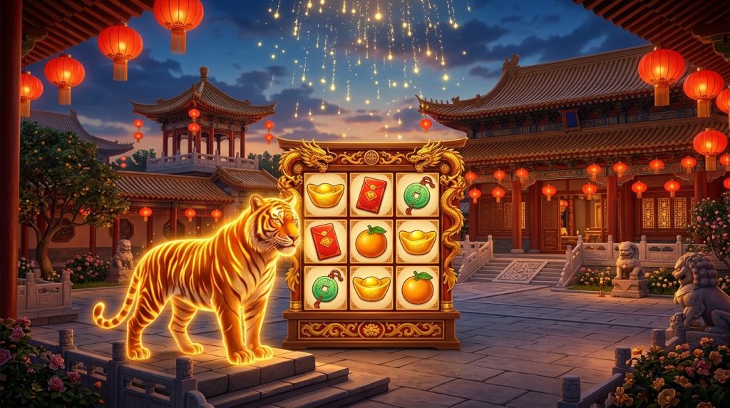 Golden tiger slot illustration: a golden tiger beside a 3x3 grid in an ancient palace courtyard, golden rain and red lanterns