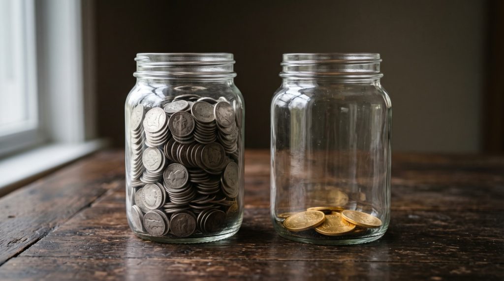 One jar full of small silver coins next to a jar holding a few large gold coins