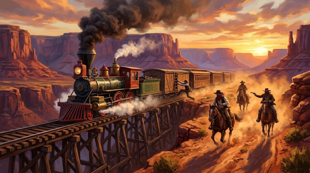 A steam train chased by outlaws on horseback through a desert canyon