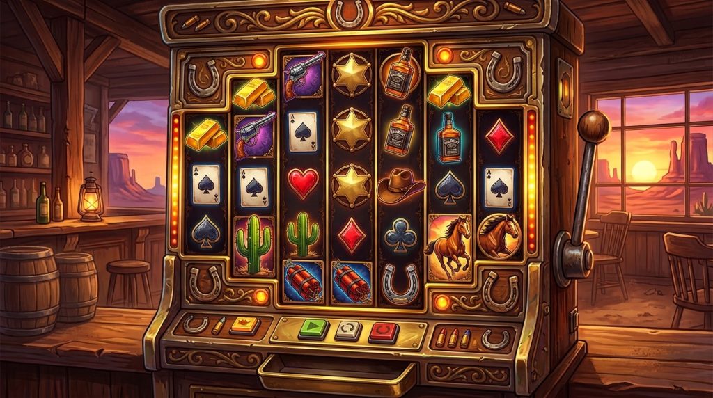 Wild West slot illustration: revolvers, sheriff badges and gold bars in a saloon at sunset