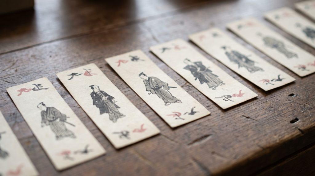A row of long, narrow to tom cards, each printed with a small figure in Japanese Edo-period dress