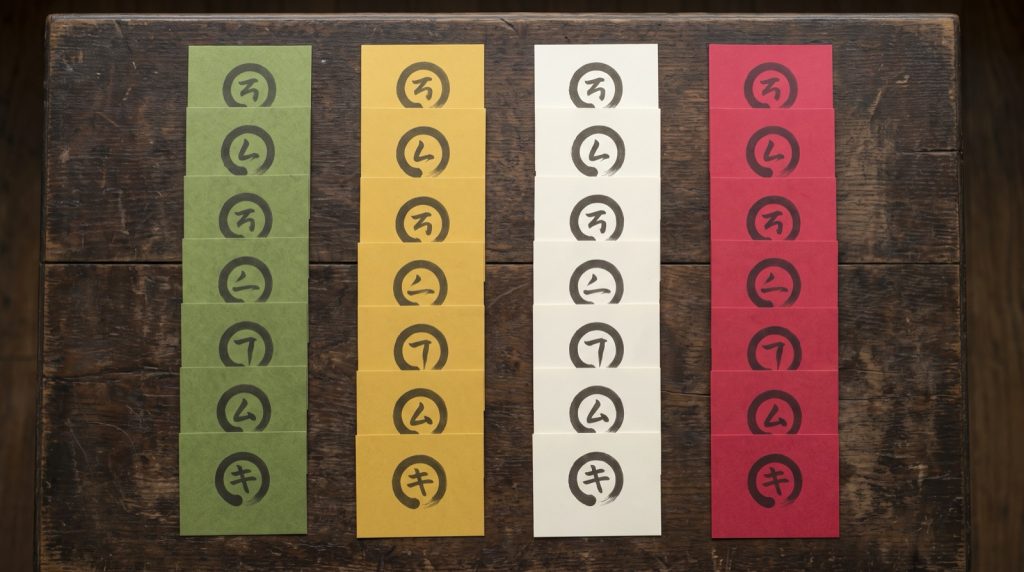 Tu sac cards laid out by colour: seven pieces in each of green, yellow, white and red