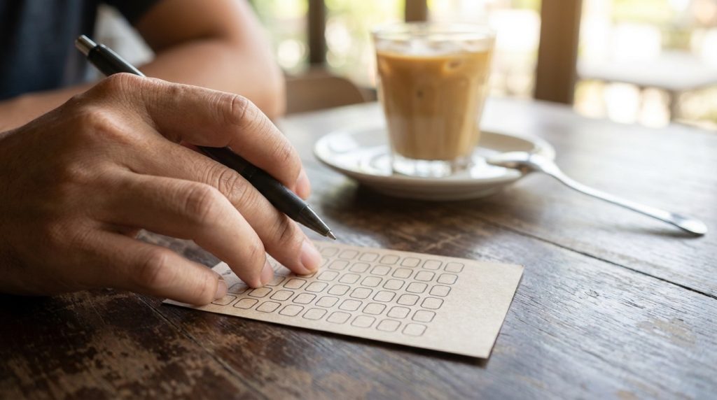 Filling in a lottery play slip at a café table