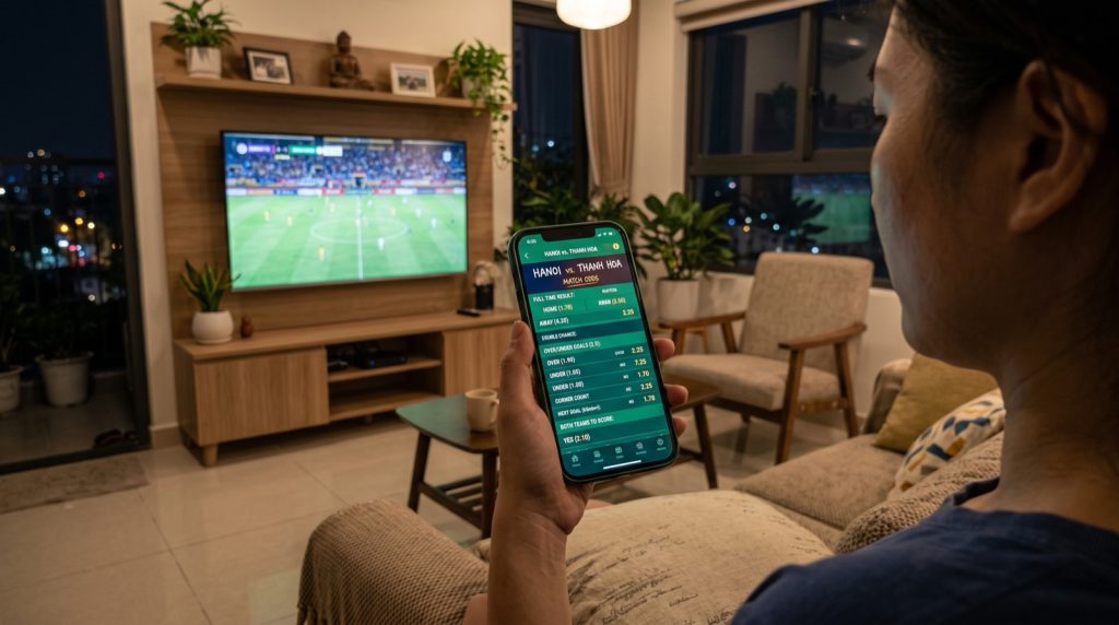 A viewer watching a football match on TV while following in-play odds on a phone