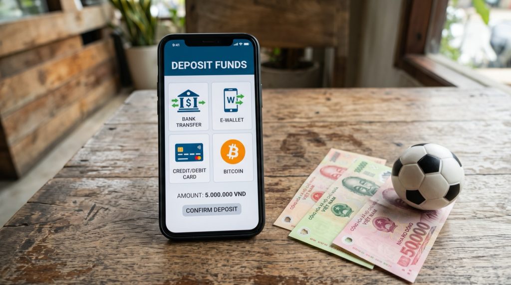 A phone deposit screen with bank transfer, e-wallet, card and bitcoin options next to Vietnamese dong notes and a football