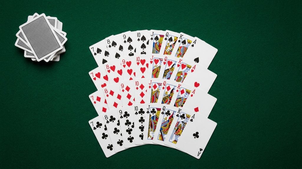 The 32-card xi to deck laid out by suit from 7 to ace, with the removed 2s to 6s stacked face down to the side