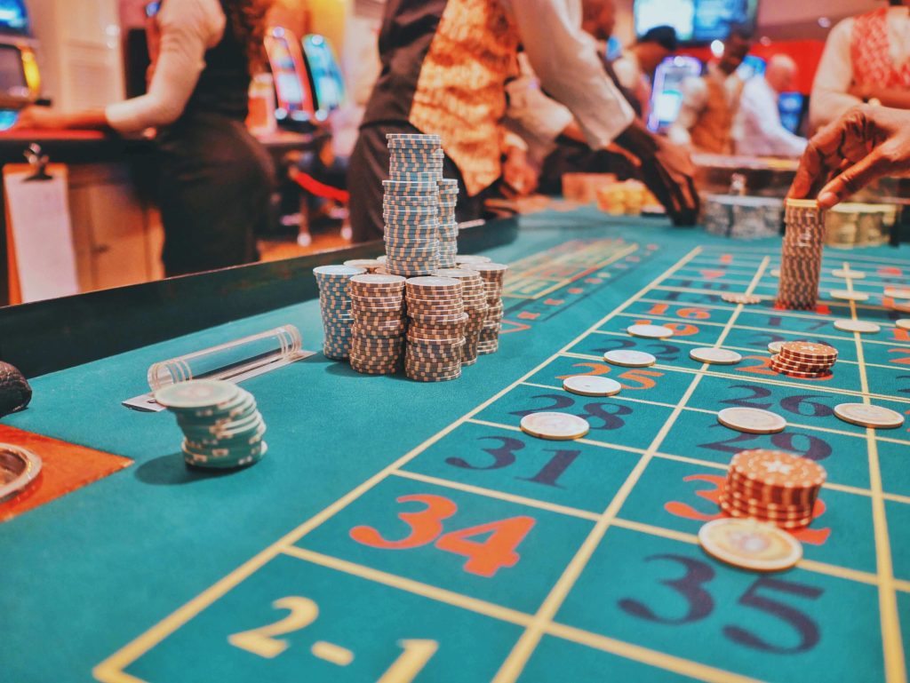 A casino table with poker chips on it