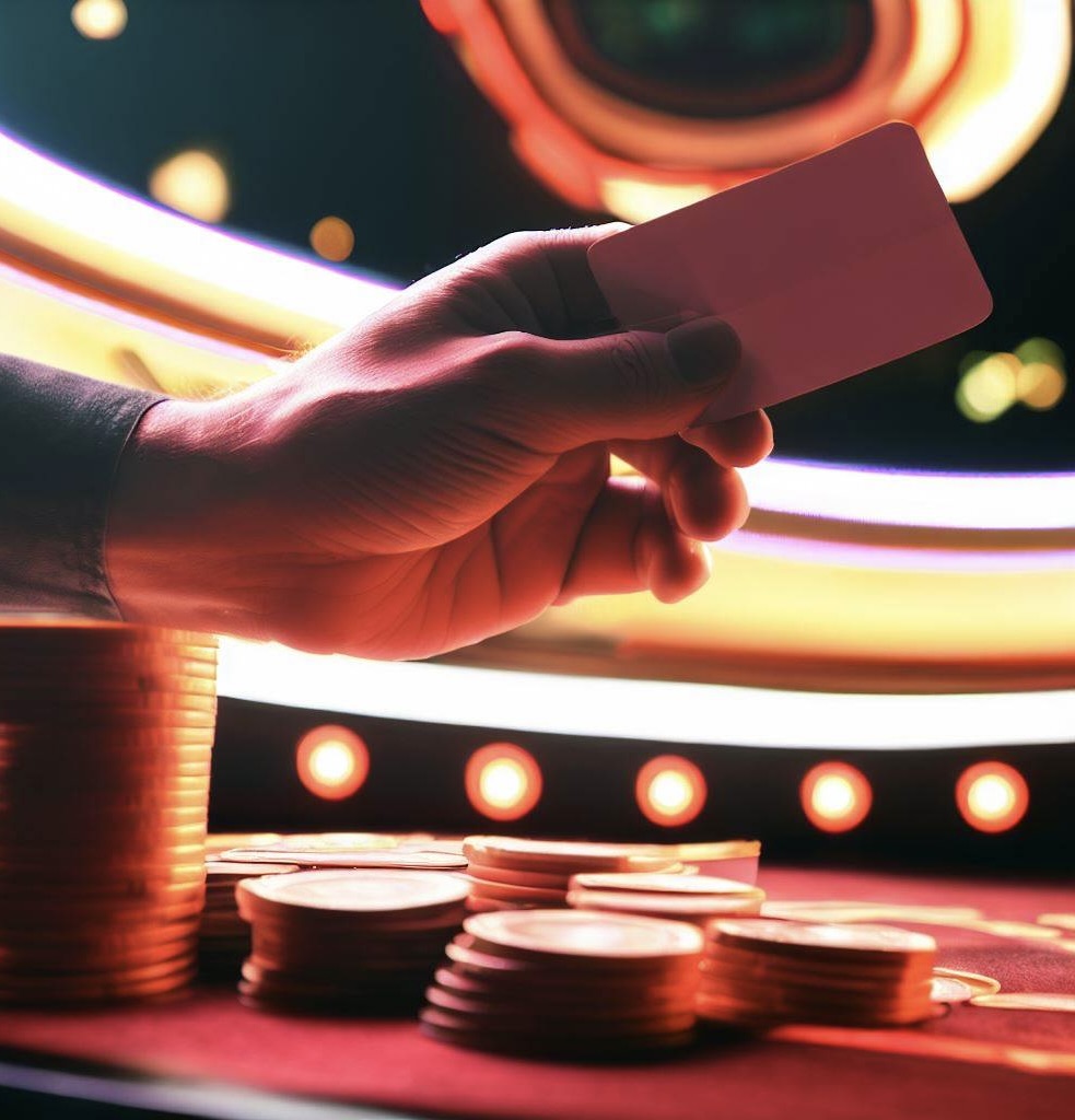 A hand holding a credit card next to poker chips.