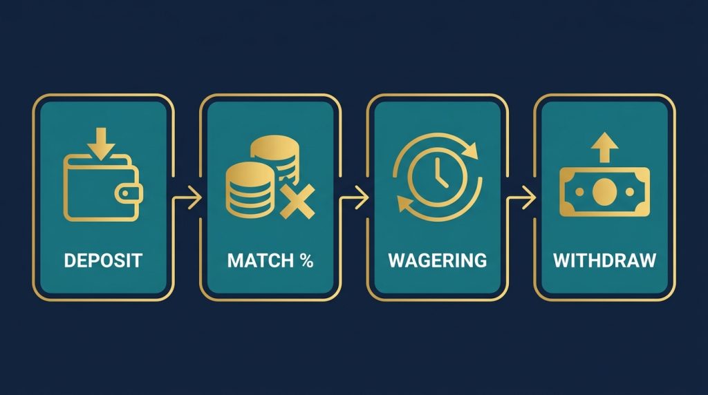 How a casino deposit-match welcome bonus works, in four steps: deposit, percentage match, wagering requirement, then withdrawal