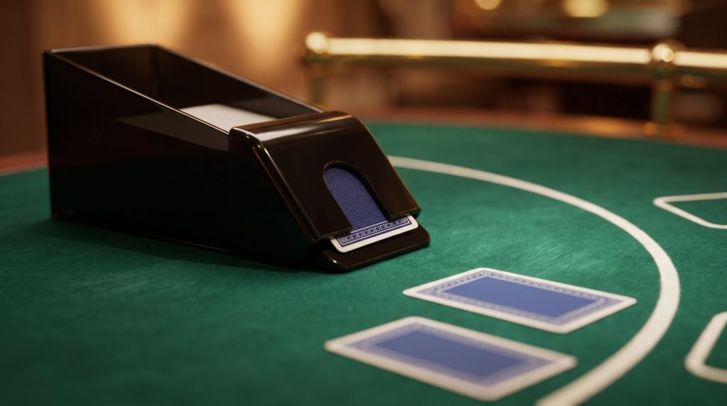 Hộp chia bài baccarat màu đen đặt trên mặt bàn nỉ xanh, một lá bài đang được đẩy ra khỏi miệng hộp và hai lá bài úp mặt nằm phía trước trên vạch kẻ trắng của bàn