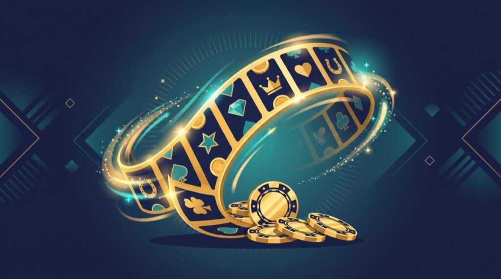Minh họa vòng quay miễn phí casino: cuộn máy đánh bạc vàng đang quay với các biểu tượng và chip cược