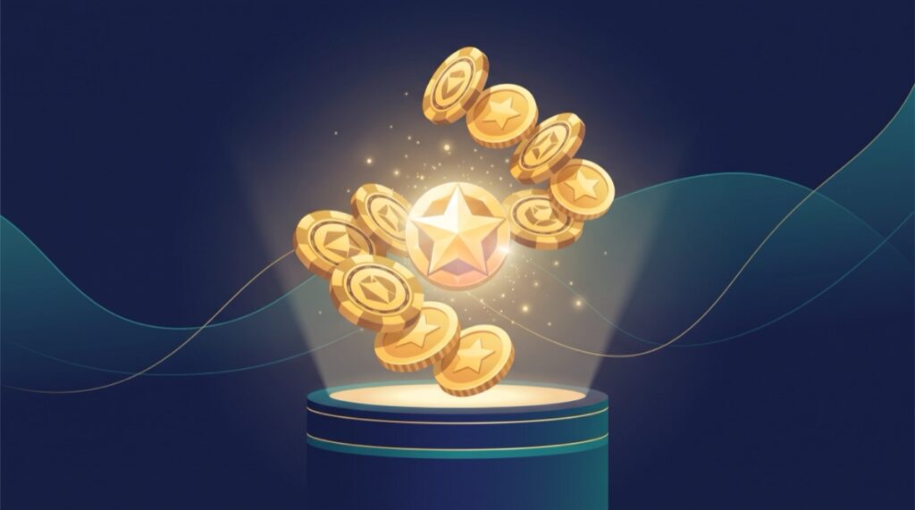 Minh họa tiền thưởng casino trực tuyến: đồng xu vàng và ngôi sao thưởng bay lên từ bục phát thưởng
