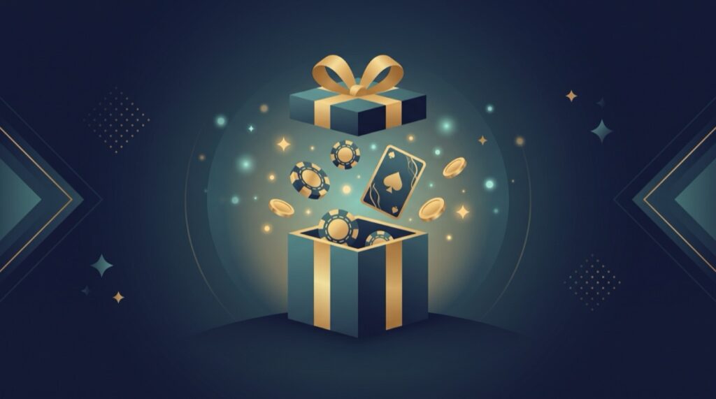 Minh họa tiền thưởng đăng ký (welcome bonus) casino trực tuyến: hộp quà với chip cược và tiền vàng