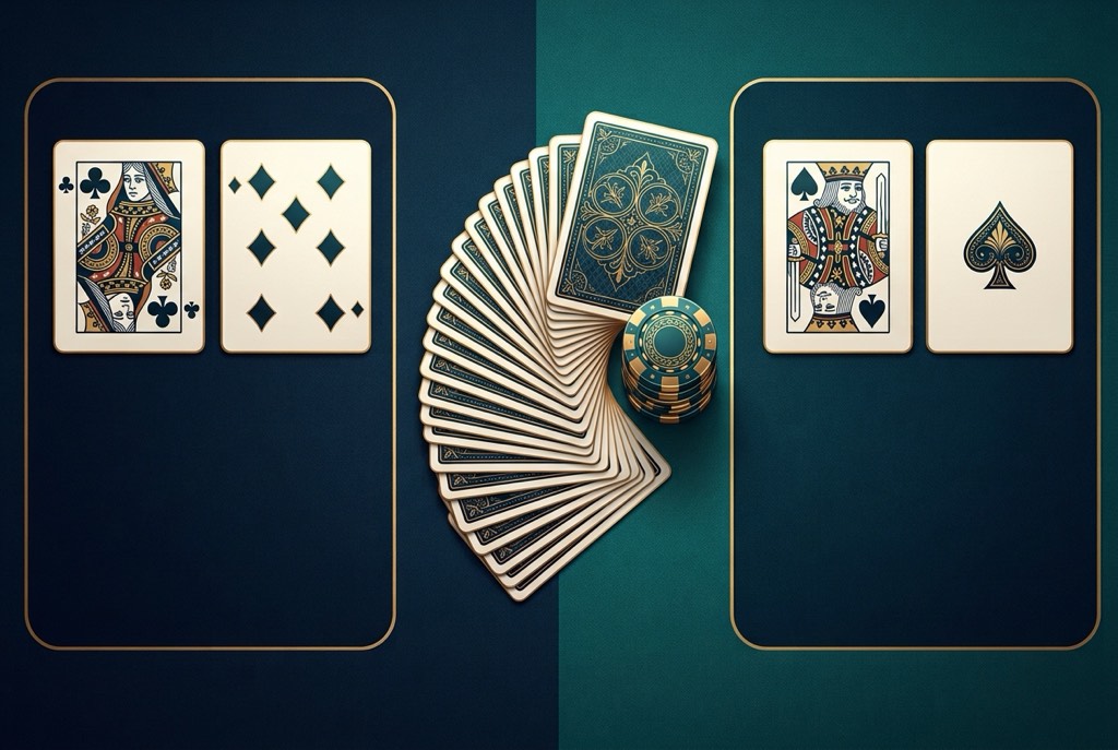Minh họa trò chơi Baccarat trực tuyến với ô Player, Banker cùng lá bài và chip cược