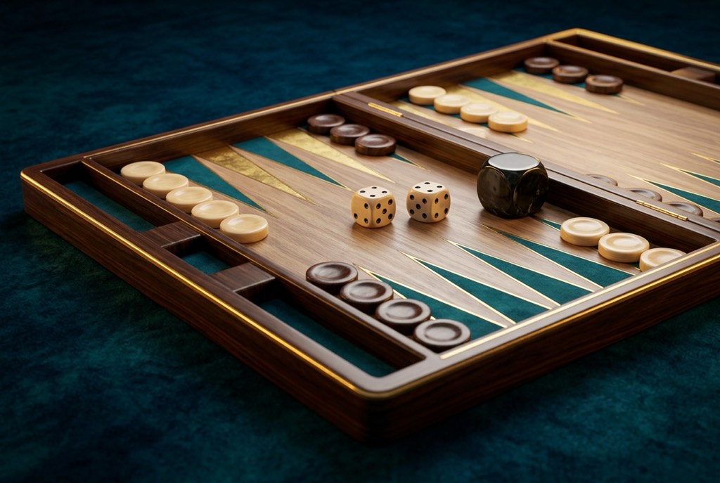 Minh họa bàn cờ Backgammon (Cờ thỏ cáo) với quân cờ và xúc xắc