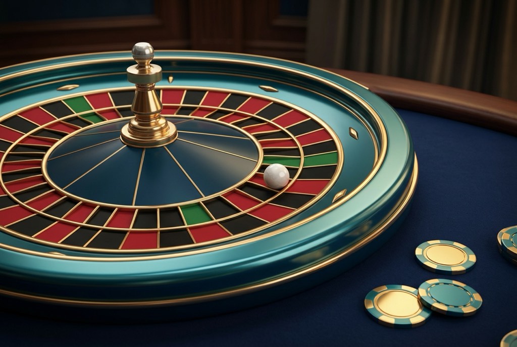 Minh họa bàn Roulette trực tuyến với bánh xe quay và chip cược trên nền phớt xanh