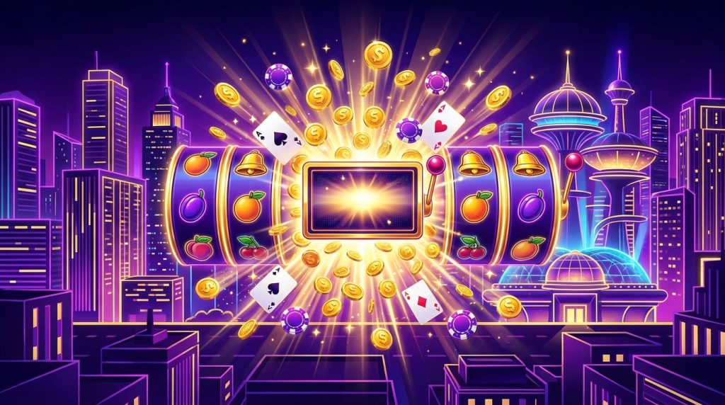 Minh họa đánh giá casino trực tuyến Jackpot City: đường chân trời thành phố phát sáng phía sau máy slot trúng jackpot, xu vàng và tia sáng bùng nổ