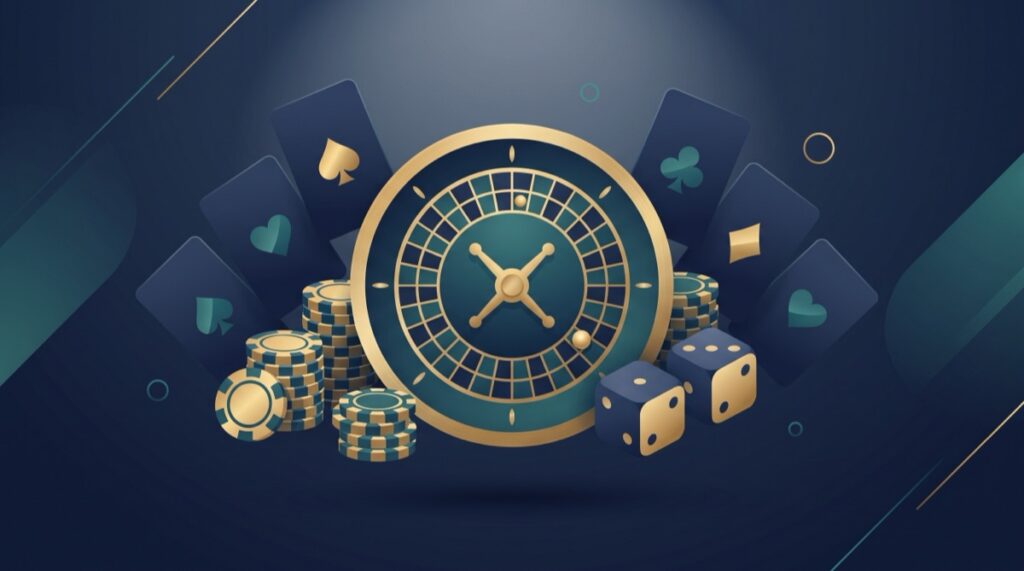 Minh họa các trò chơi sòng bạc: vòng roulette, lá bài, xúc xắc và chip cược