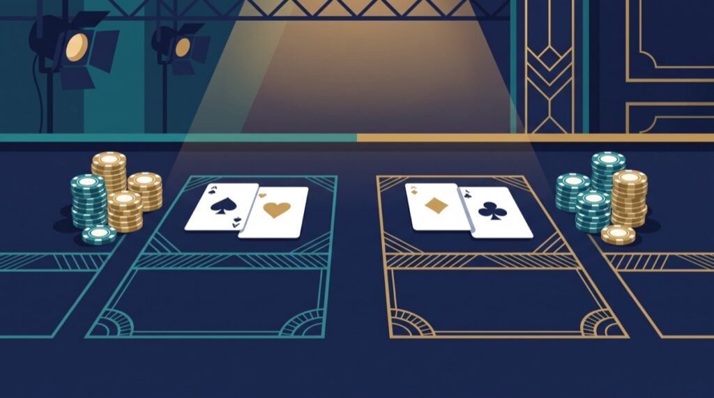 Minh họa Baccarat trực tiếp: bàn baccarat với ô Player và Banker, các lá bài và chip cược dưới ánh đèn studio