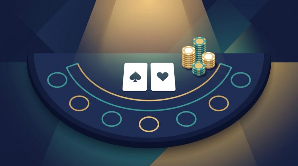 Minh họa Blackjack trực tiếp: bàn xì dách hình bán nguyệt với các ô cược, lá bài và chip cược dưới ánh đèn studio