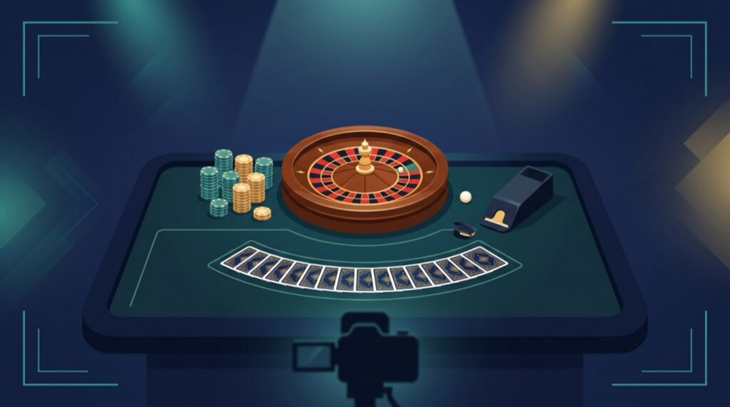 Minh họa casino trực tiếp: bàn chơi dưới ánh đèn studio với vòng roulette, chip cược và máy quay phát trực tiếp
