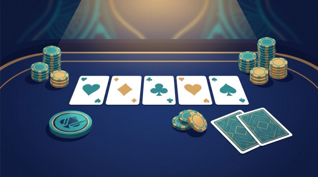 Minh họa Poker trực tiếp: bàn poker với các lá bài chung, nút chia bài và chip cược dưới ánh đèn studio
