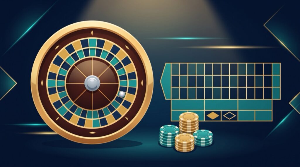 Minh họa Roulette trực tiếp: vòng quay roulette, bàn đặt cược và chip dưới ánh đèn studio phát trực tiếp