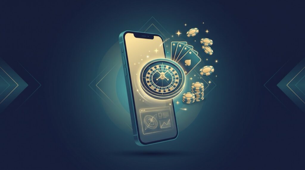 Minh họa sòng bạc di động: điện thoại thông minh hiển thị vòng roulette, lá bài và chip cược