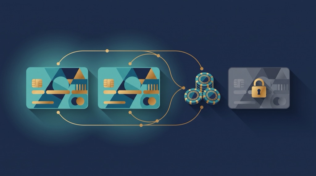 Minh họa ví điện tử dùng được và ví bị khóa: hai thẻ ví nối tới chip cược, một thẻ mờ có ổ khóa không kết nối