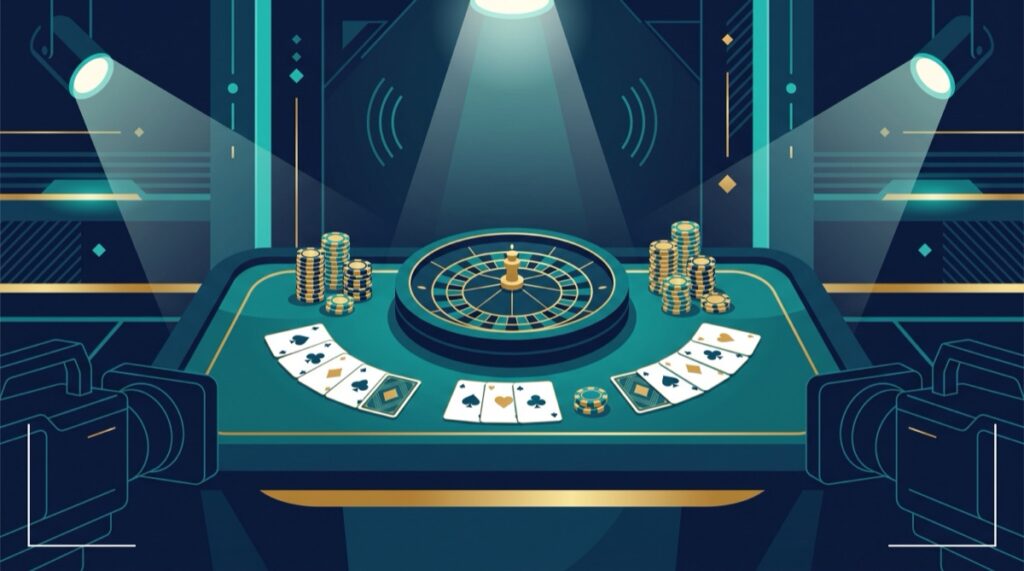 Minh họa nhà cung cấp Evolution: bàn casino trực tiếp dưới ánh đèn studio