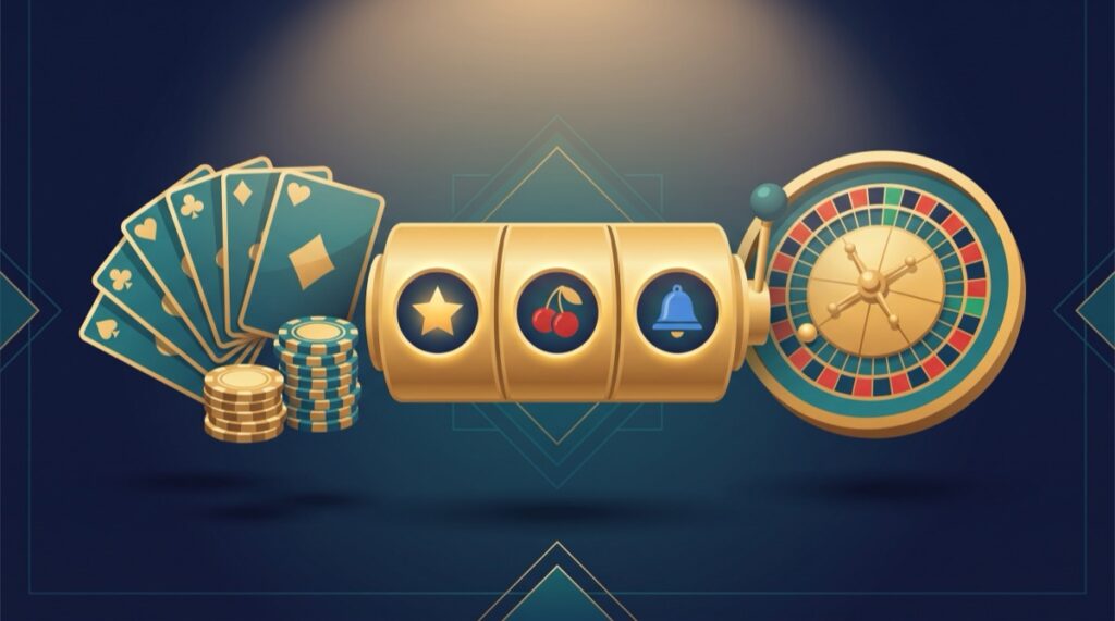 Minh họa các nhà cung cấp trò chơi casino: máy đánh bạc, vòng roulette, lá bài và chip cược