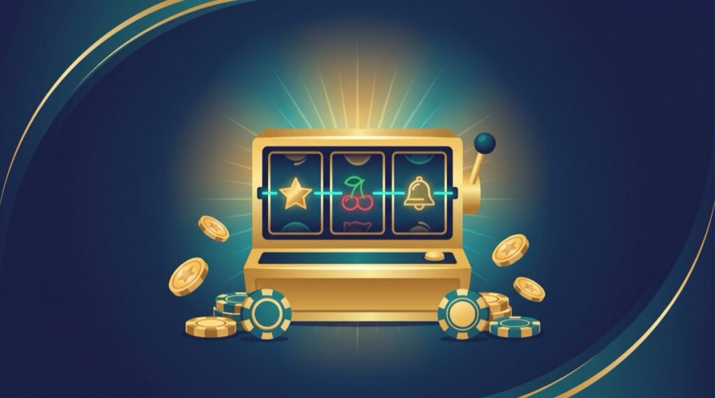 Minh họa trò chơi máy đánh bạc trực tuyến: máy slot với các biểu tượng và chip cược
