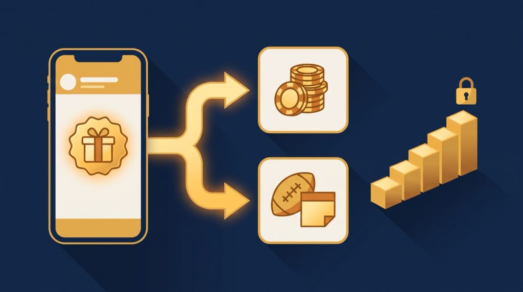 Minh hoạ điều khoản thưởng chào mừng casino: màn hình tài khoản trên điện thoại với huy hiệu thưởng, hai nhánh dẫn tới gói casino và gói thể thao, cùng bậc thang các mốc tiền nạp