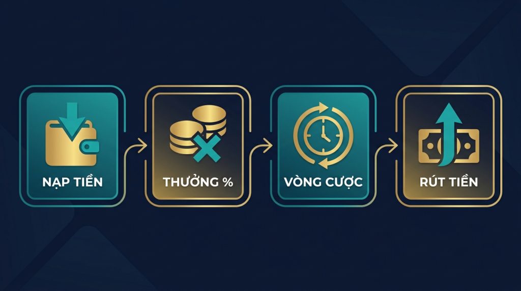 Bốn bước của tiền thưởng nạp tiền tại casino trực tuyến: nạp tiền, thưởng theo phần trăm, hoàn tất vòng cược, rồi rút tiền