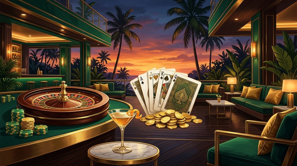 Minh họa đánh giá casino trực tuyến Casino Tropez: sân thượng casino nhiệt đới lúc hoàng hôn với hàng dừa, bàn roulette, lá bài và xu vàng