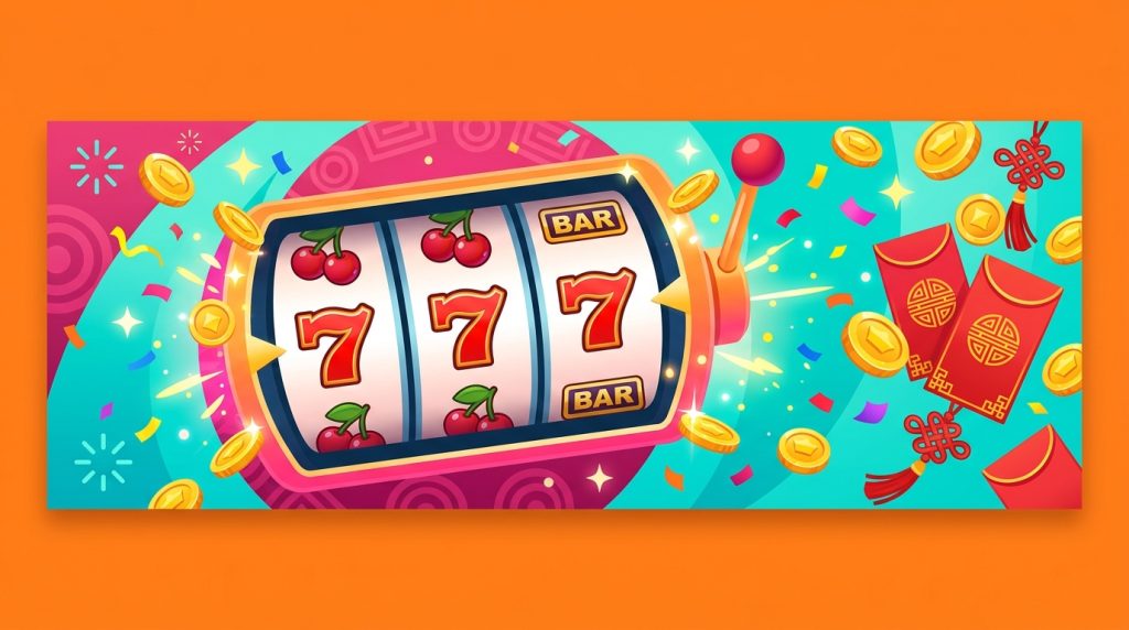 Minh họa đánh giá casino trực tuyến HappyLuke: cuộn slot rực rỡ với số 7 may mắn và anh đào, kim tuyến, xu vàng và bao lì xì đỏ