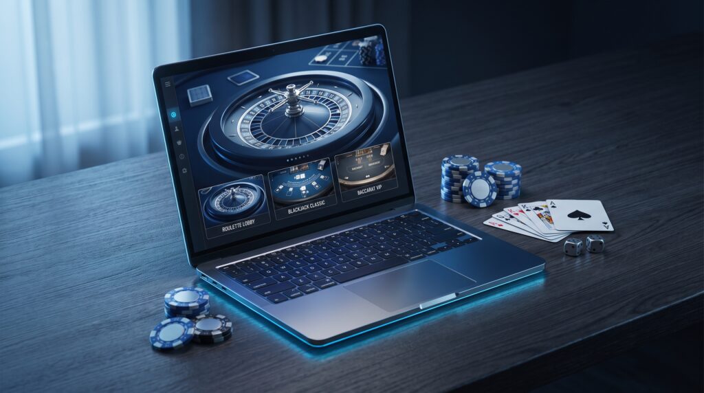 Minh họa sảnh casino trực tuyến KU99 trên laptop với bàn roulette và các trò bài, ánh sáng xanh