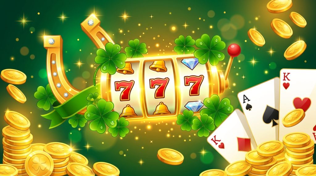 Minh họa đánh giá casino trực tuyến Lucky Days: cỏ bốn lá, móng ngựa, cuộn slot số 7 may mắn, xu vàng và lá bài, tông xanh lá và vàng