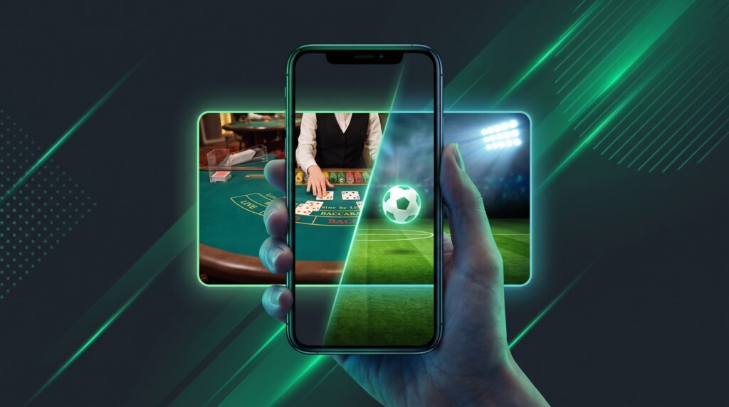 Minh họa nền tảng cá cược và casino trực tuyến M88 trên điện thoại với bàn baccarat và sân bóng đá
