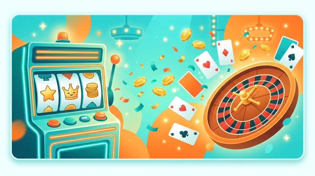 Minh họa đánh giá casino trực tuyến PlayOJO: khung cảnh casino thân thiện vui nhộn với cuộn slot phát sáng, kim tuyến, xu vàng, lá bài và bàn roulette