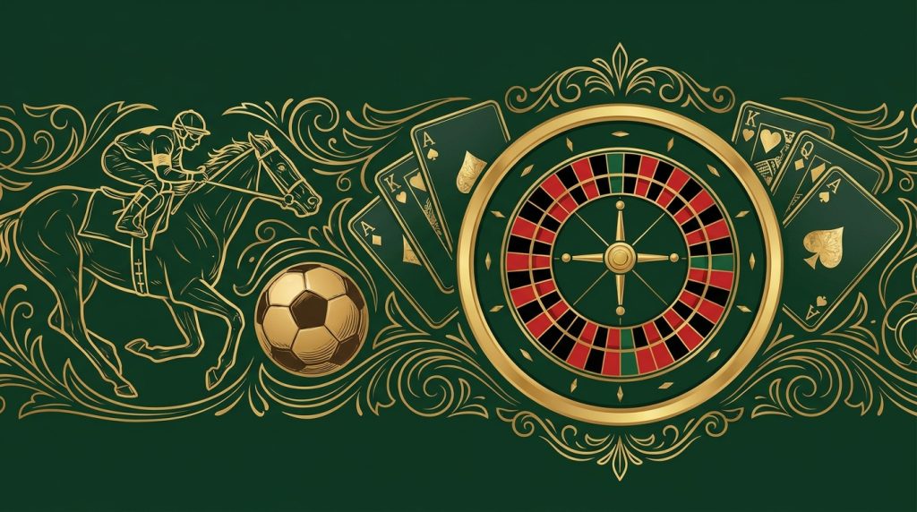 Minh họa đánh giá nhà cái thể thao và casino William Hill: mô-típ đua ngựa và bóng đá với bàn roulette và lá bài, phong cách cổ điển xanh lá và vàng